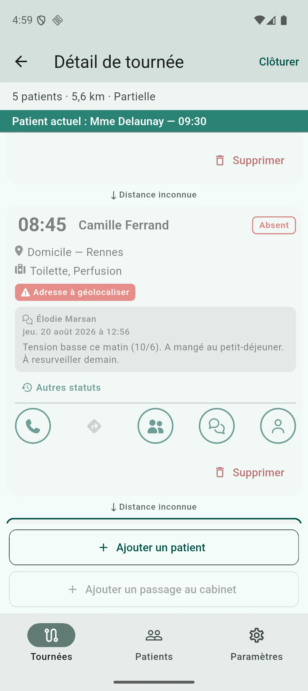 Boîte de création d’un passage hors-soin, avec le choix du lieu, la durée et une note