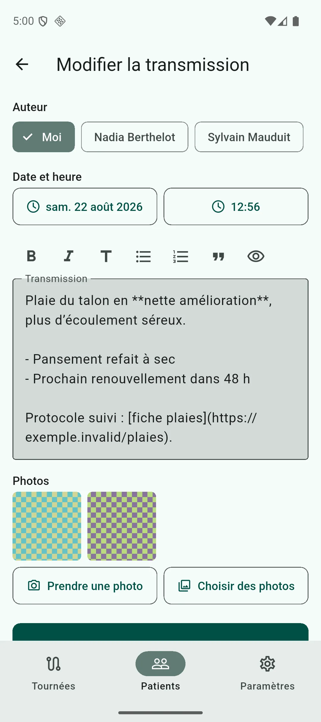 Écran de rédaction d’une transmission avec les deux boutons d’ajout de photo, appareil photo et galerie