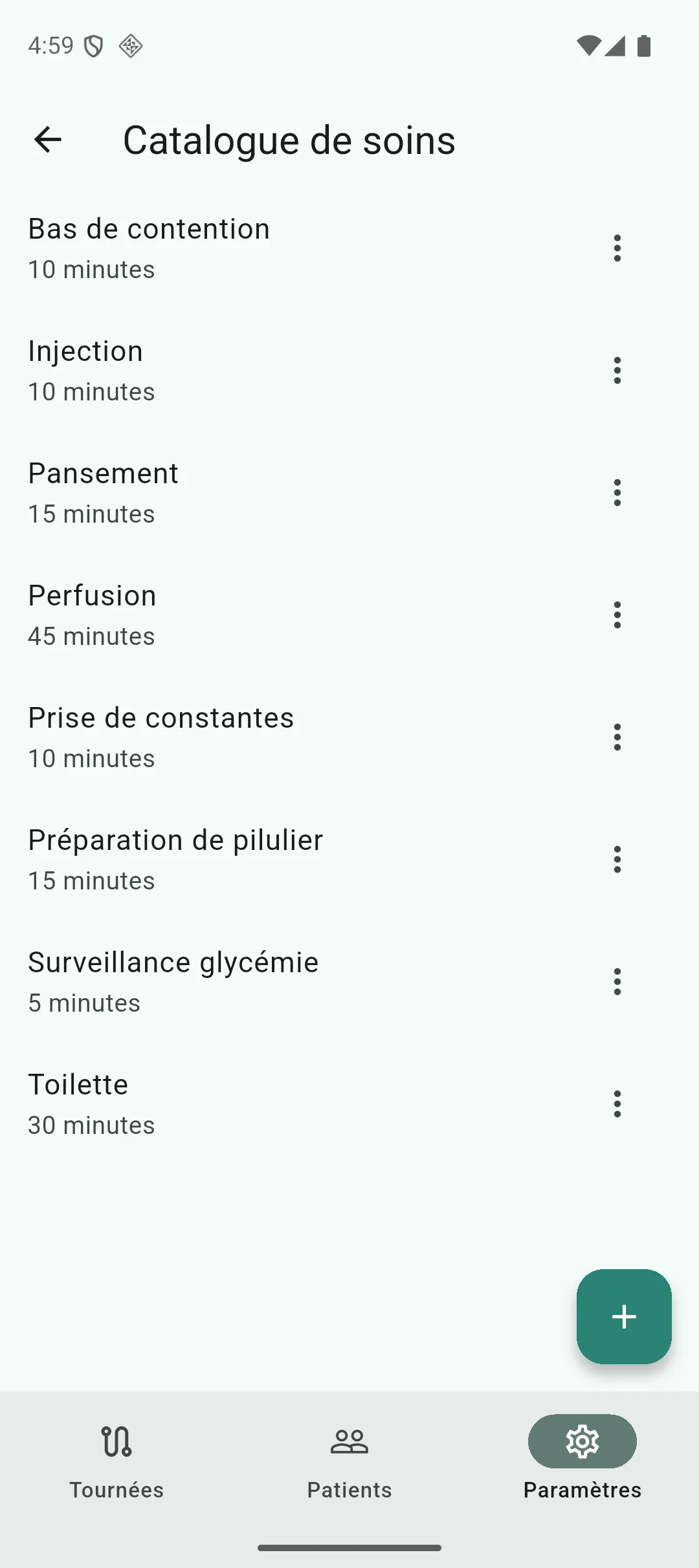 Liste du catalogue de soins, avec pour chaque entrée son libellé, sa durée, et les actions renommer, modifier la durée et archiver