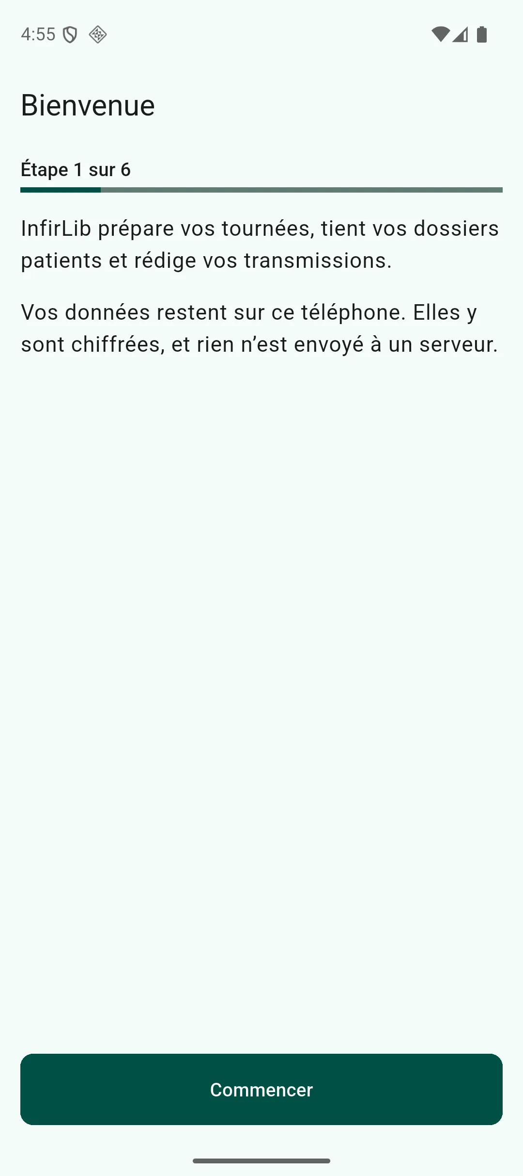Écran d’accueil du premier lancement présentant le rôle de l’application et l’emplacement des données
