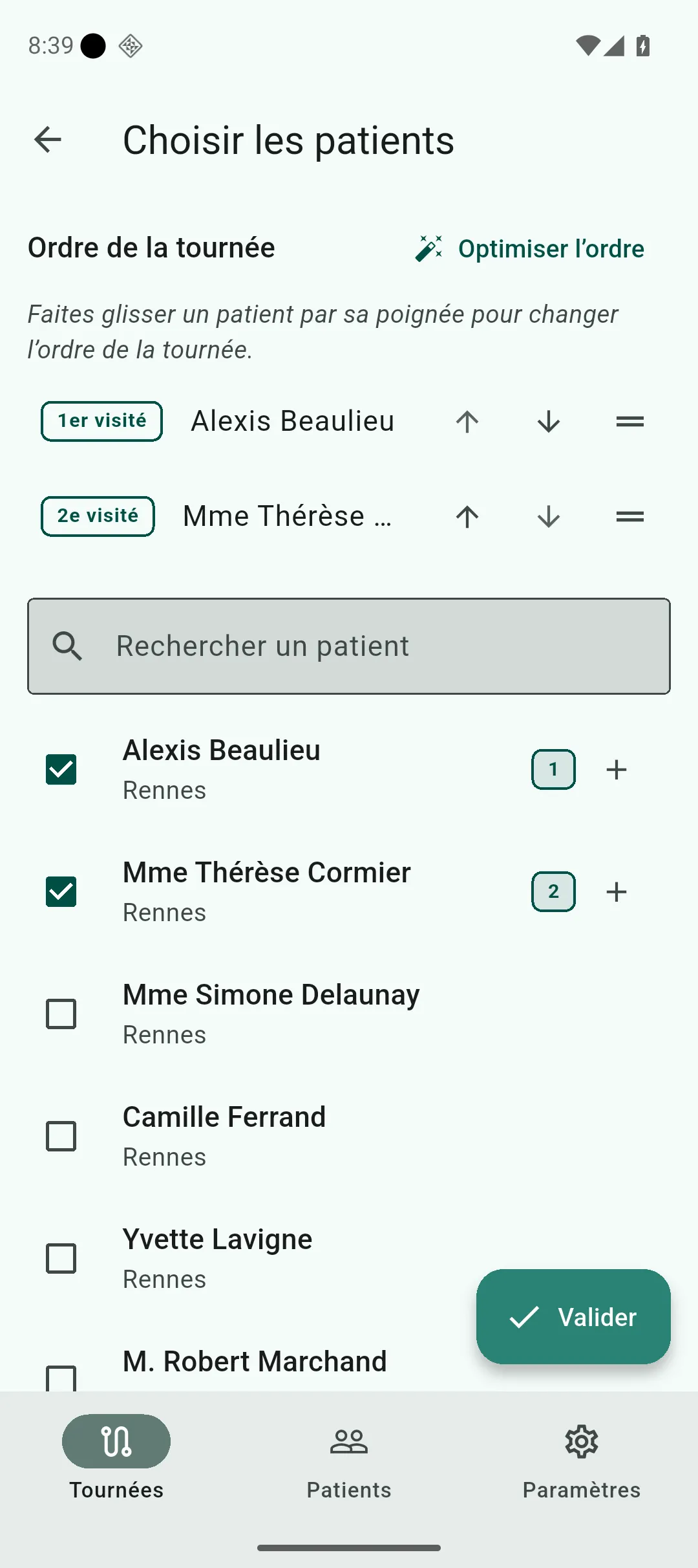 Sélection des patients avec cases à cocher, ordre de la tournée et bouton Optimiser l’ordre