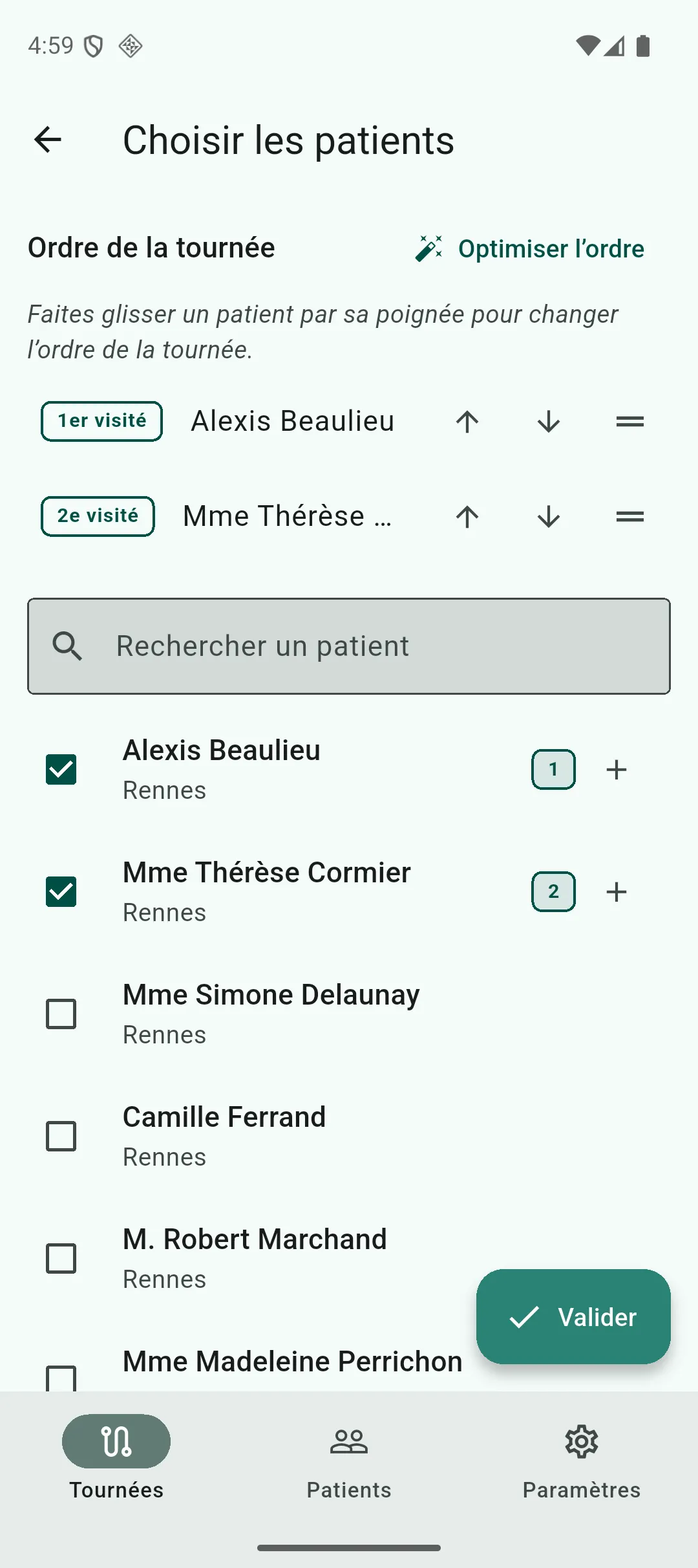 Sélection des patients avec cases à cocher, ordre de la tournée et bouton Optimiser l’ordre