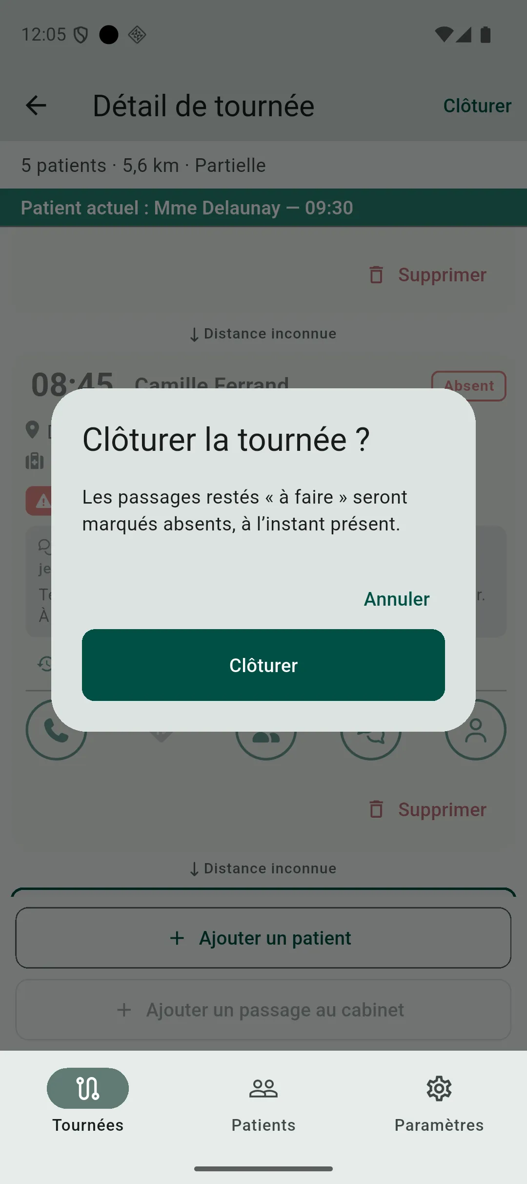 Boîte de confirmation avant la clôture manuelle d’une tournée