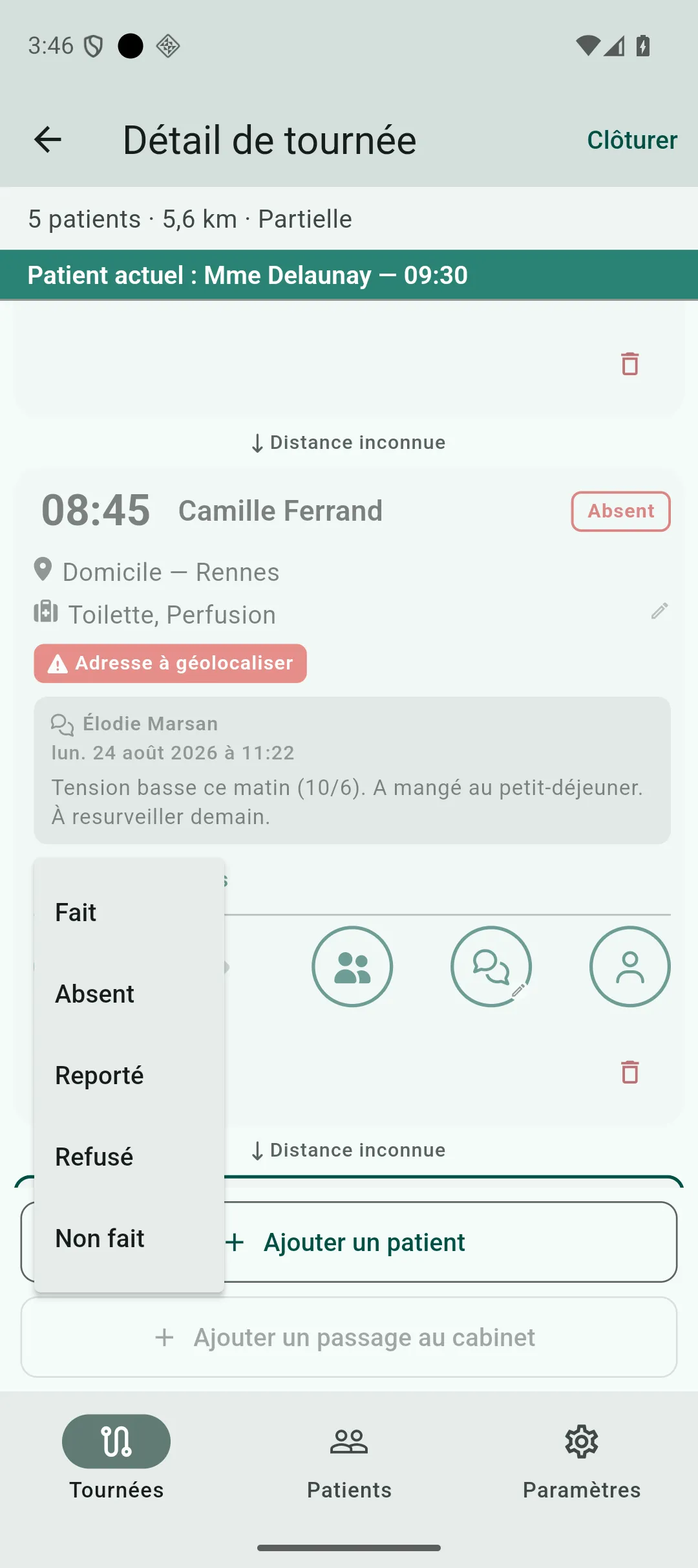 Menu ouvert sur un passage déjà statué, avec les options Fait, Absent, Reporté, Refusé et Non fait