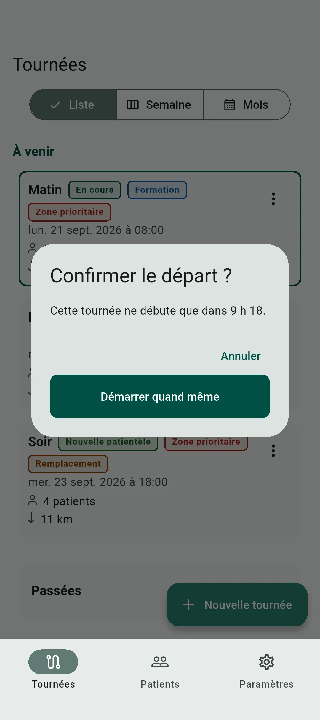 Boîte de confirmation affichée au démarrage d’une tournée dont l’horaire est décalé
