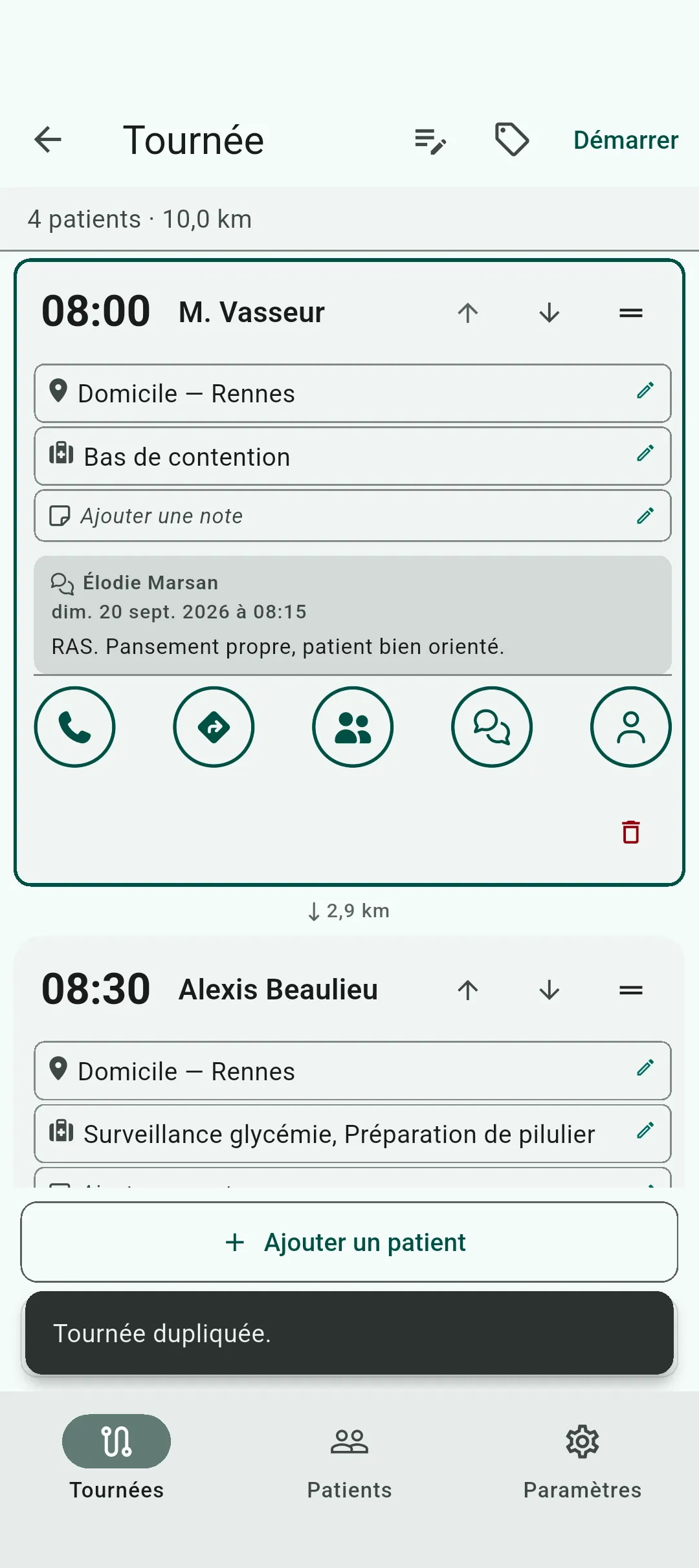 Écran de la tournée nouvellement créée après une duplication, avec la confirmation « Tournée dupliquée. »