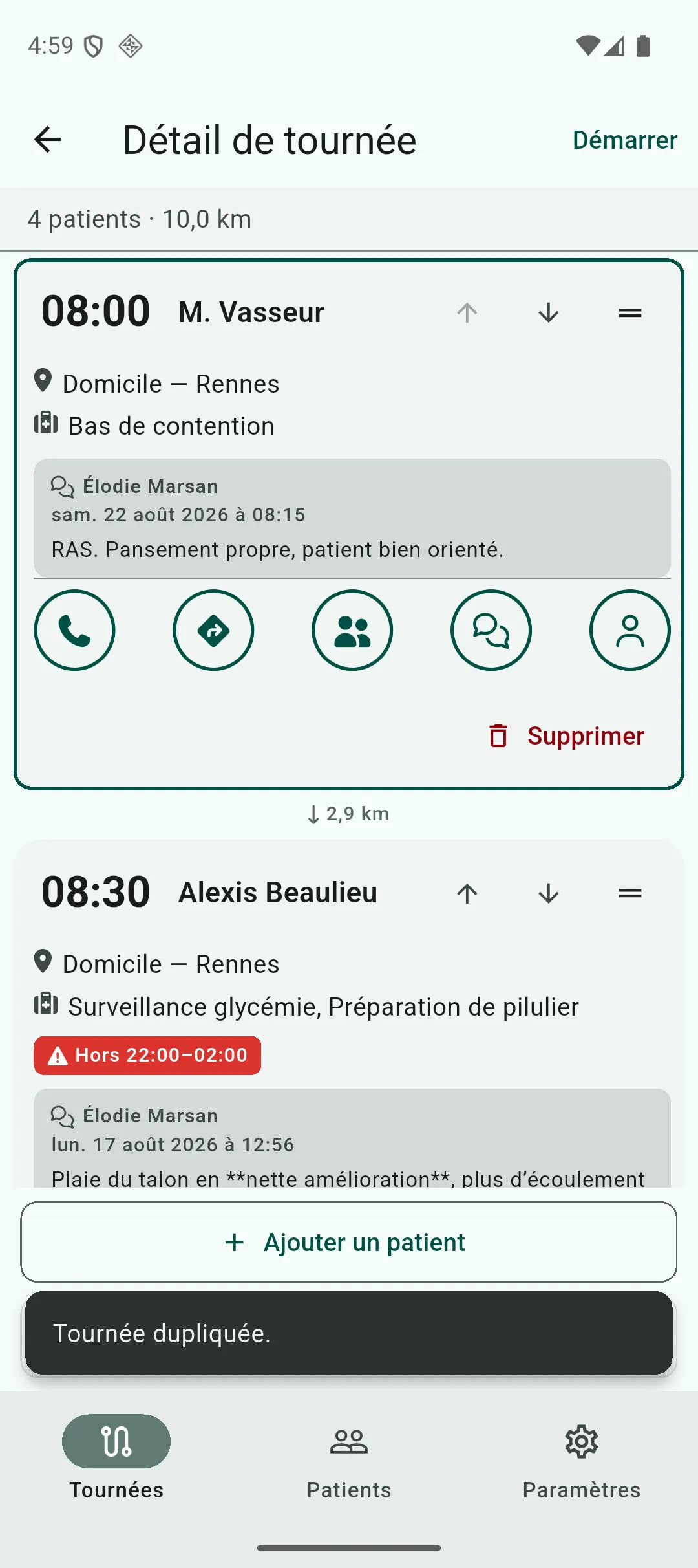 Récapitulatif affiché après la duplication d’une tournée, listant les patients archivés écartés