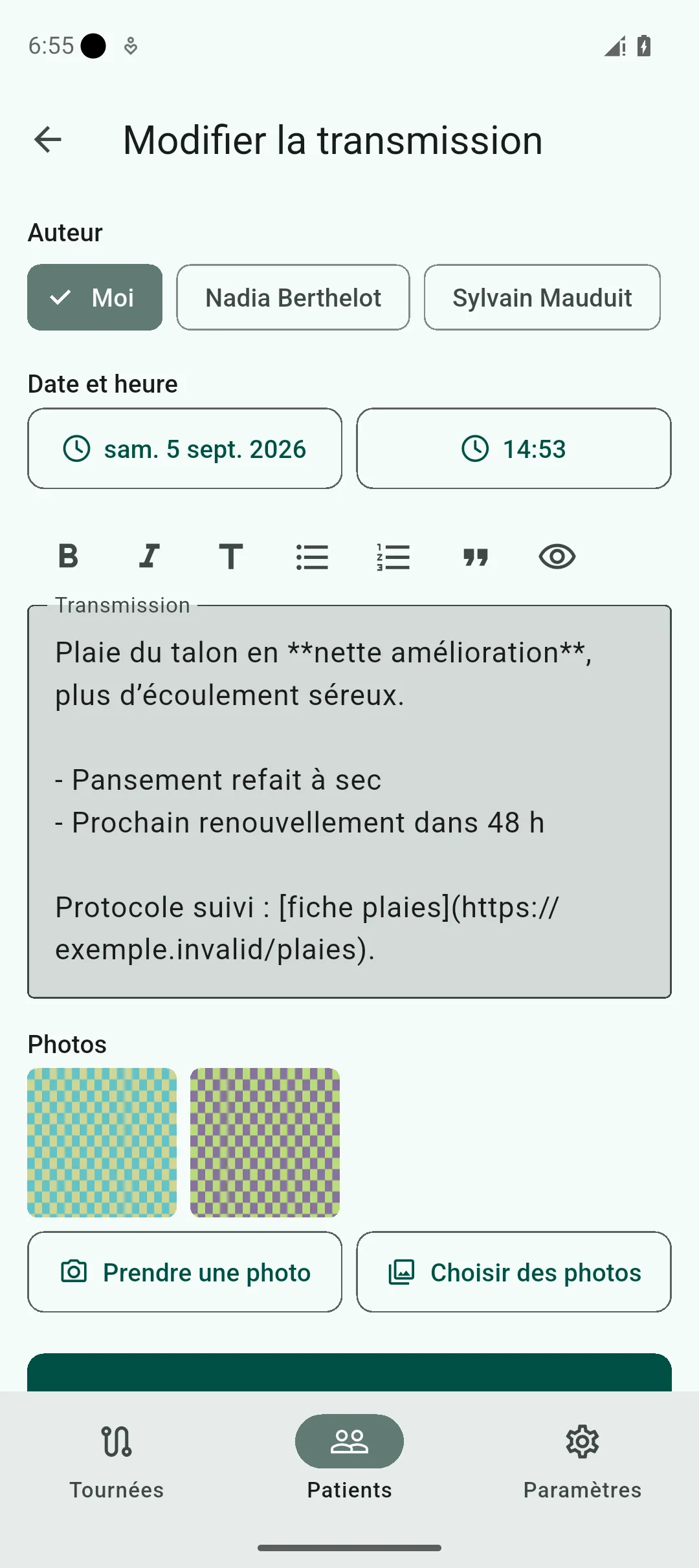 Écran de rédaction d’une transmission, avec la barre d’outils de mise en forme et le champ de saisie
