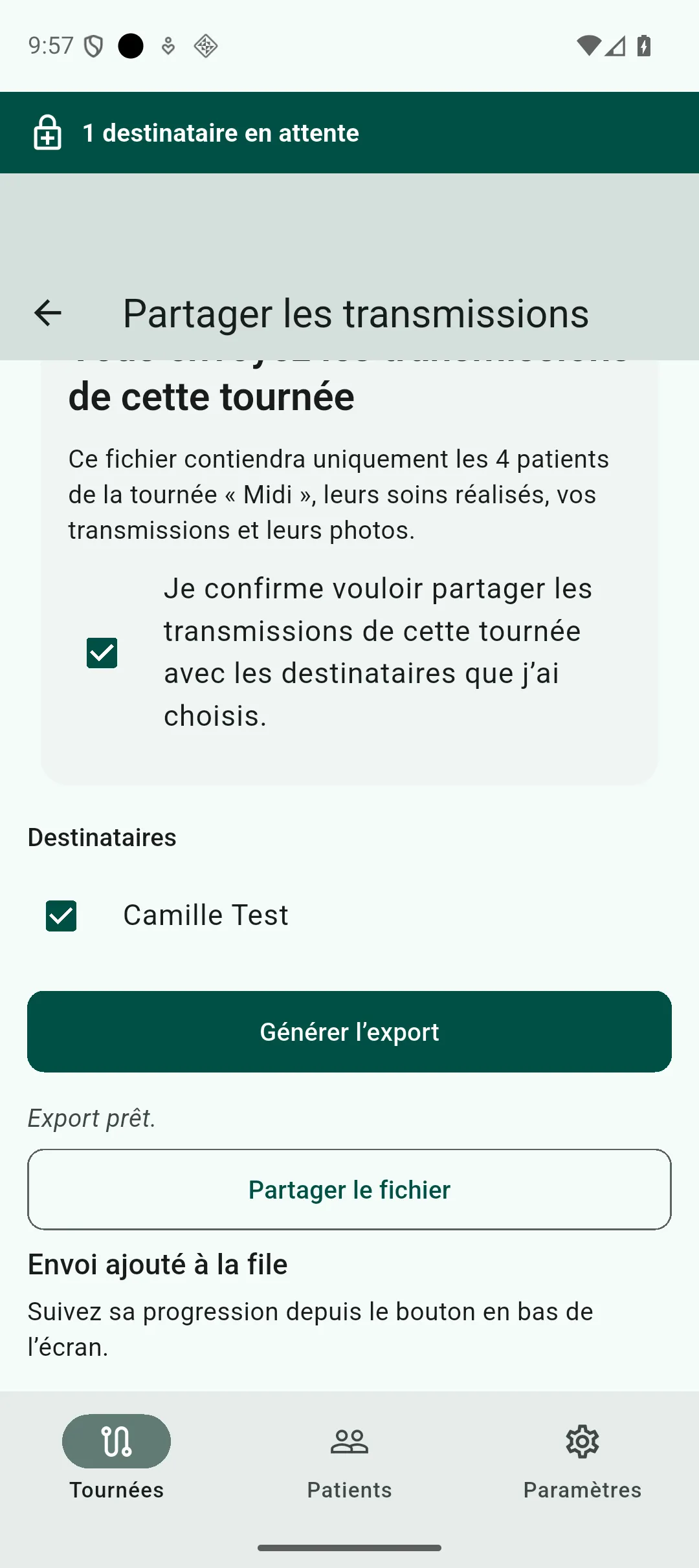 Confirmation « Envoi ajouté à la file » affichée juste après avoir appuyé sur Envoyer via l’application
