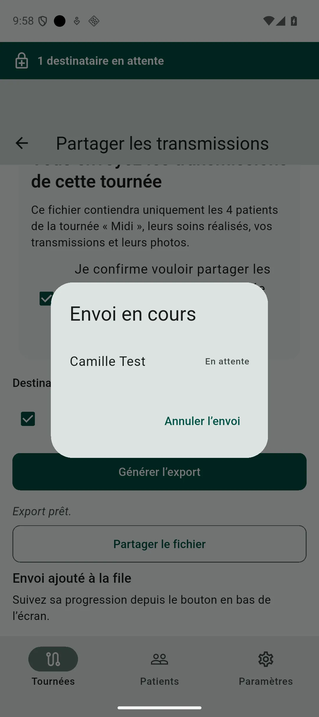 Détail d’un envoi en cours, avec le statut de la destinataire et l’action pour annuler