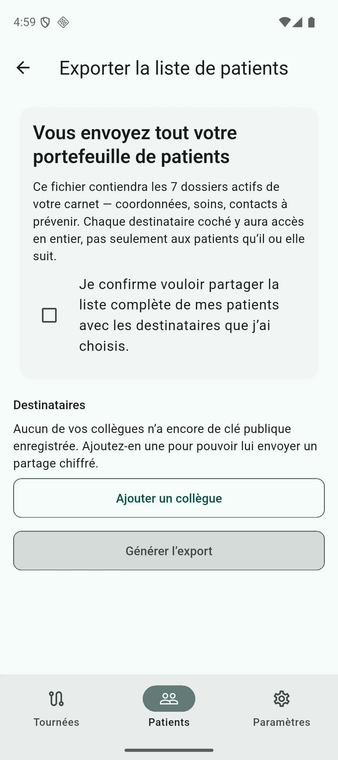 Écran d’export vers une collègue, avec l’avertissement sur le contenu du fichier et la liste des destinataires à cocher