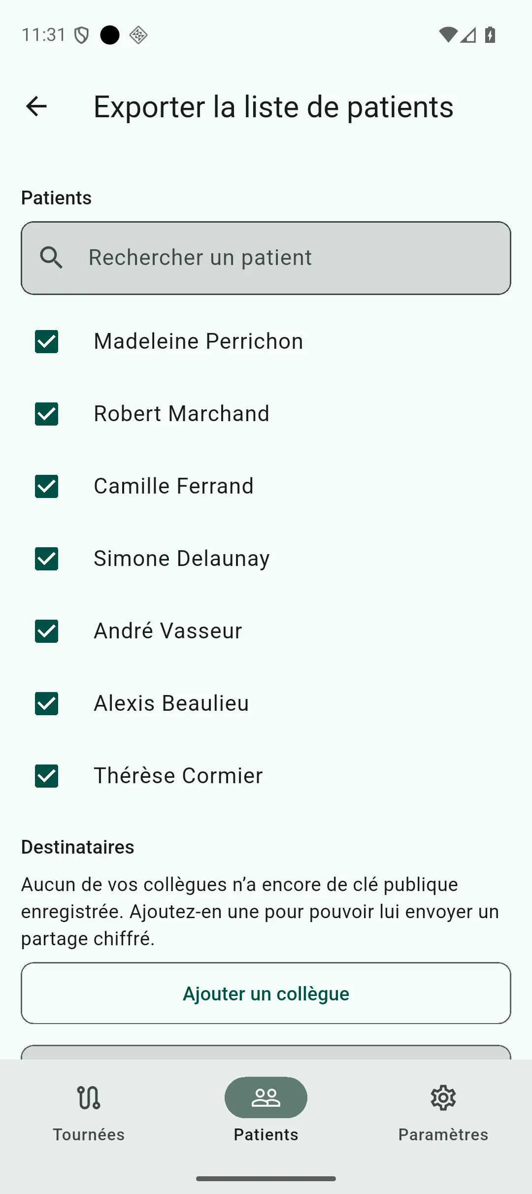 Écran d’export de la liste de patients, avec le début de la section Patients