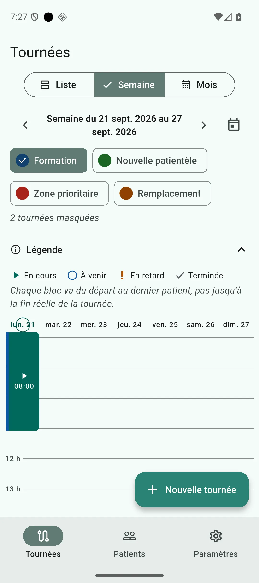 Barre de filtre par tag au-dessus de la grille semaine, un tag coché et le compteur de tournées masquées