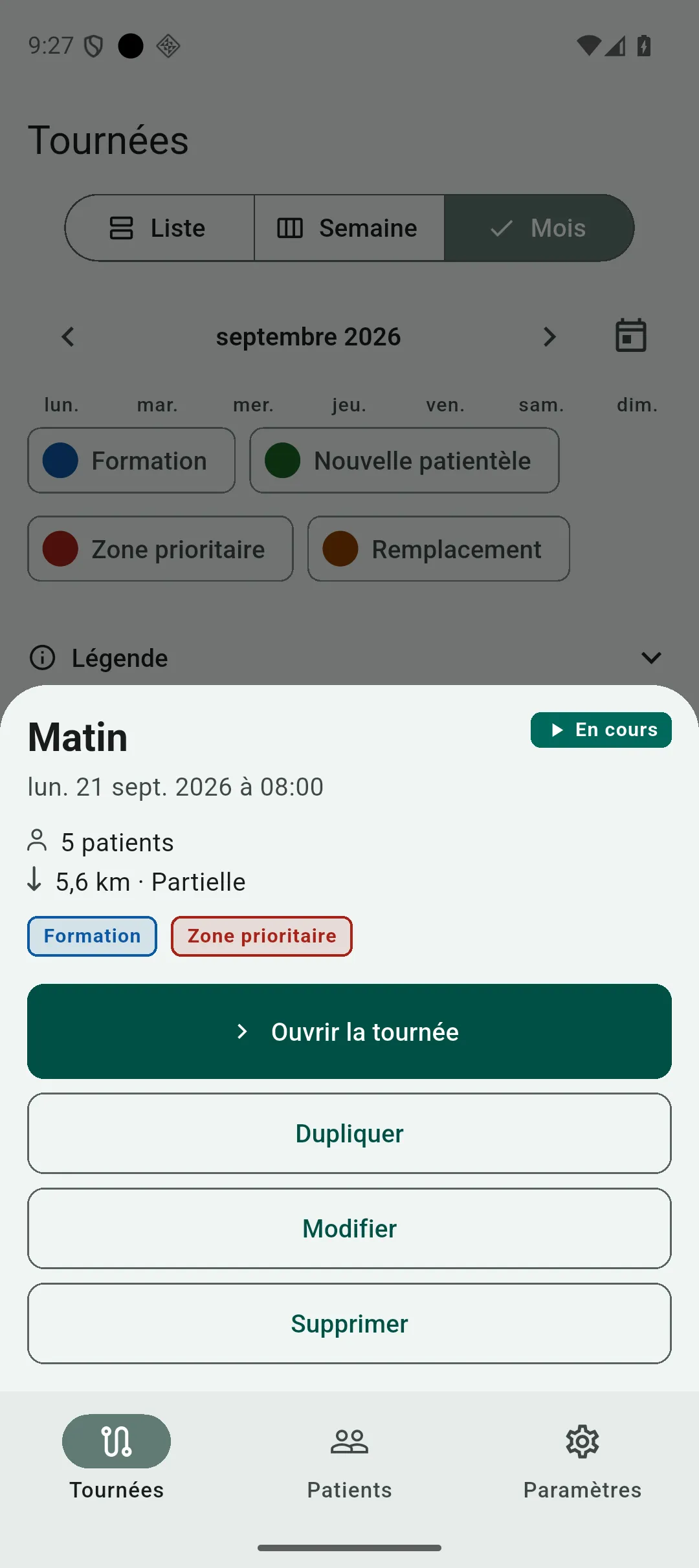 Feuille de détail d’un jour de la grille mois, listant une tournée