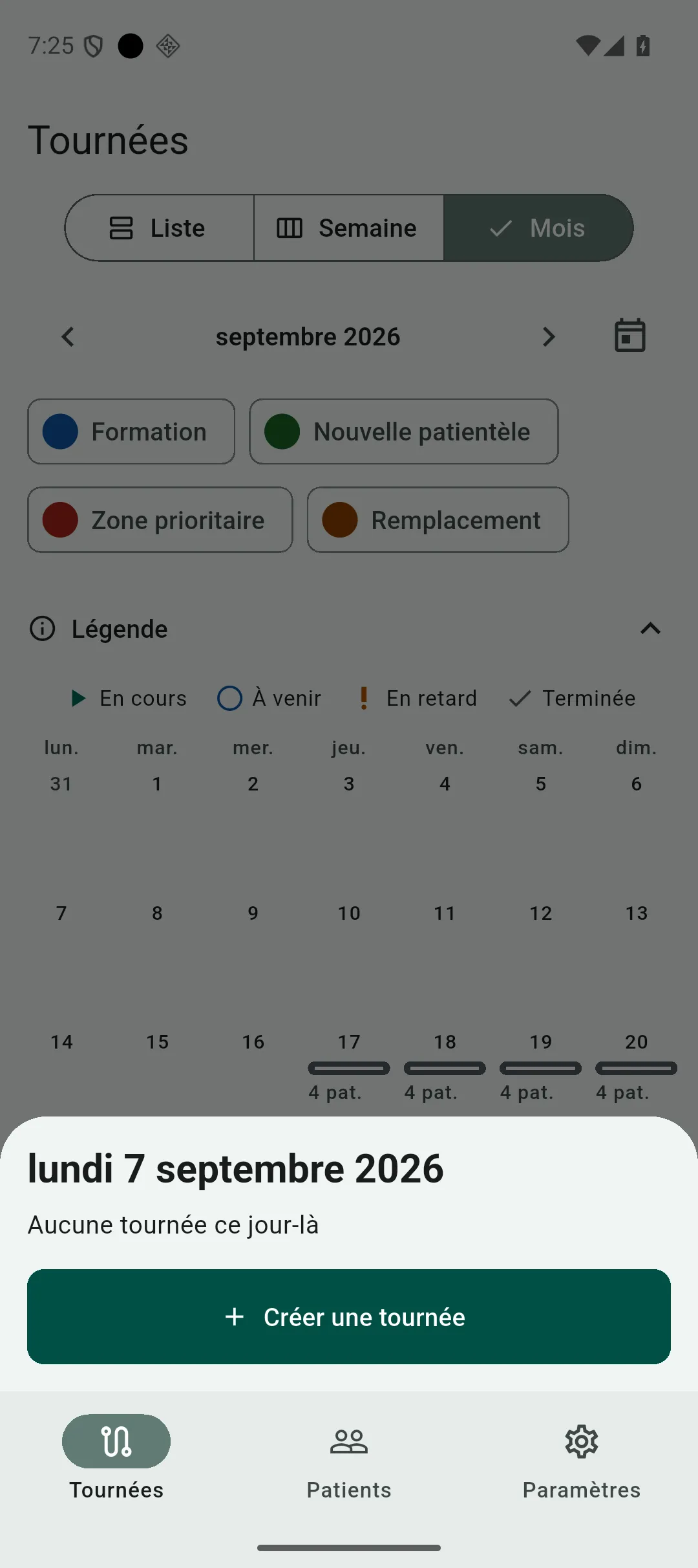 Feuille d’un jour sans tournée, avec le bouton Créer une tournée