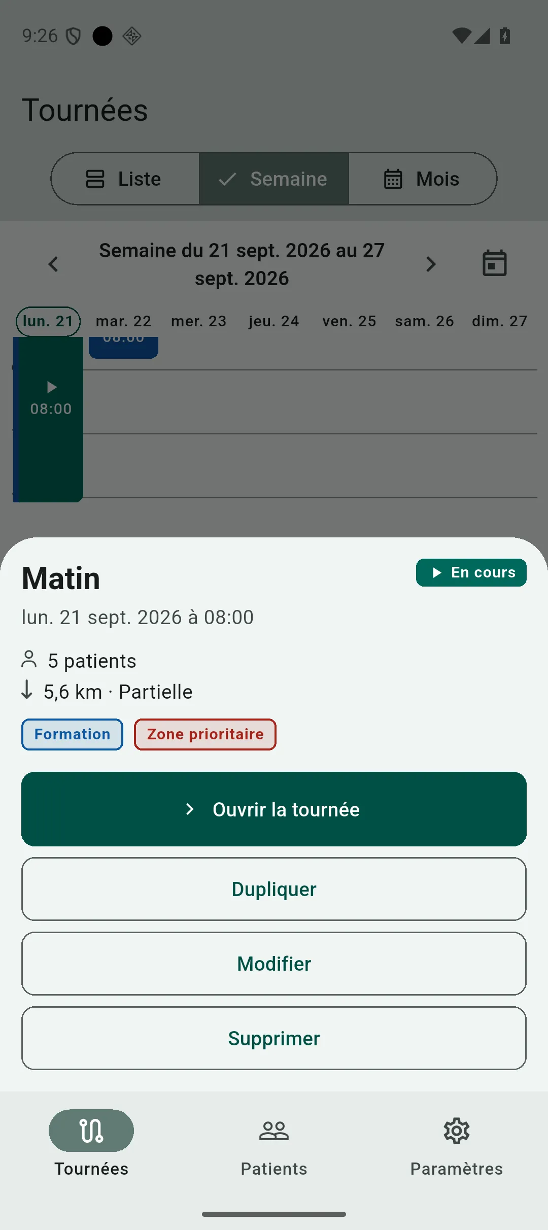 Feuille de détail ouverte depuis un bloc de la grille semaine, sur une tournée en cours