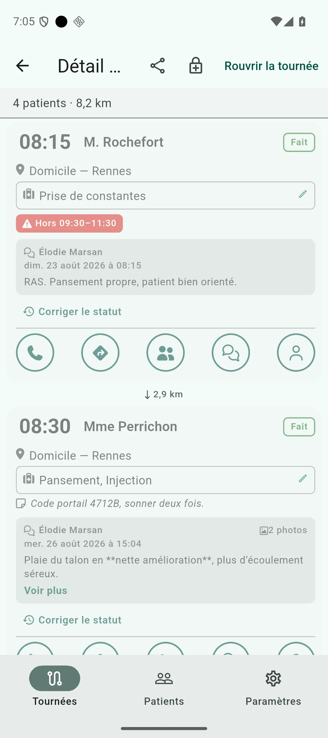 Écran de détail d’une tournée, liste verticale de tuiles séparées par la distance parcourue