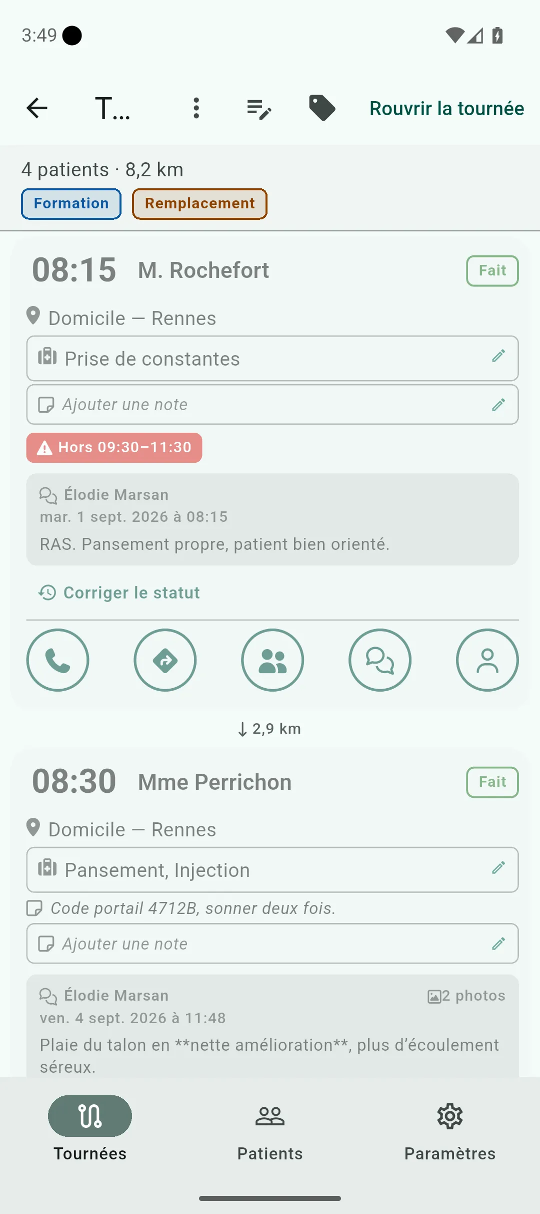 Écran de détail d’une tournée, liste verticale de tuiles séparées par la distance parcourue