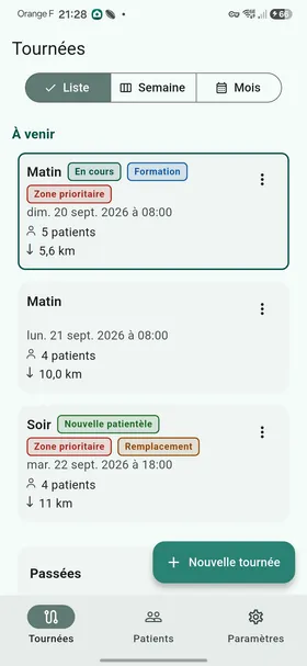 Écran des tournées de l'application InfirLib, avec une tournée En cours