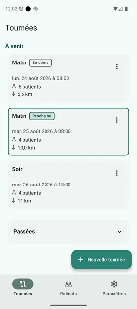 Écran des tournées de l'application InfirLib, avec une tournée En cours