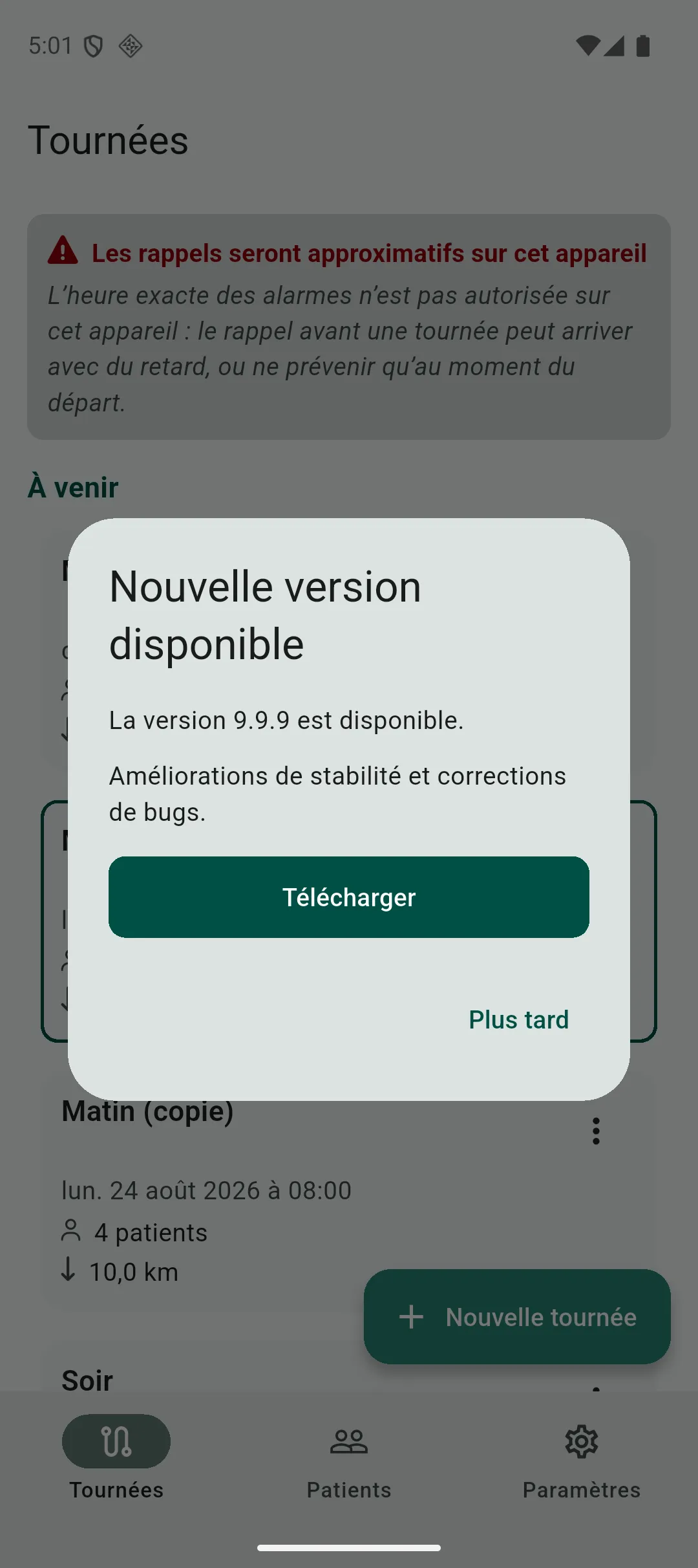 Boîte de dialogue annonçant une nouvelle version disponible, avec son changelog et le bouton de téléchargement