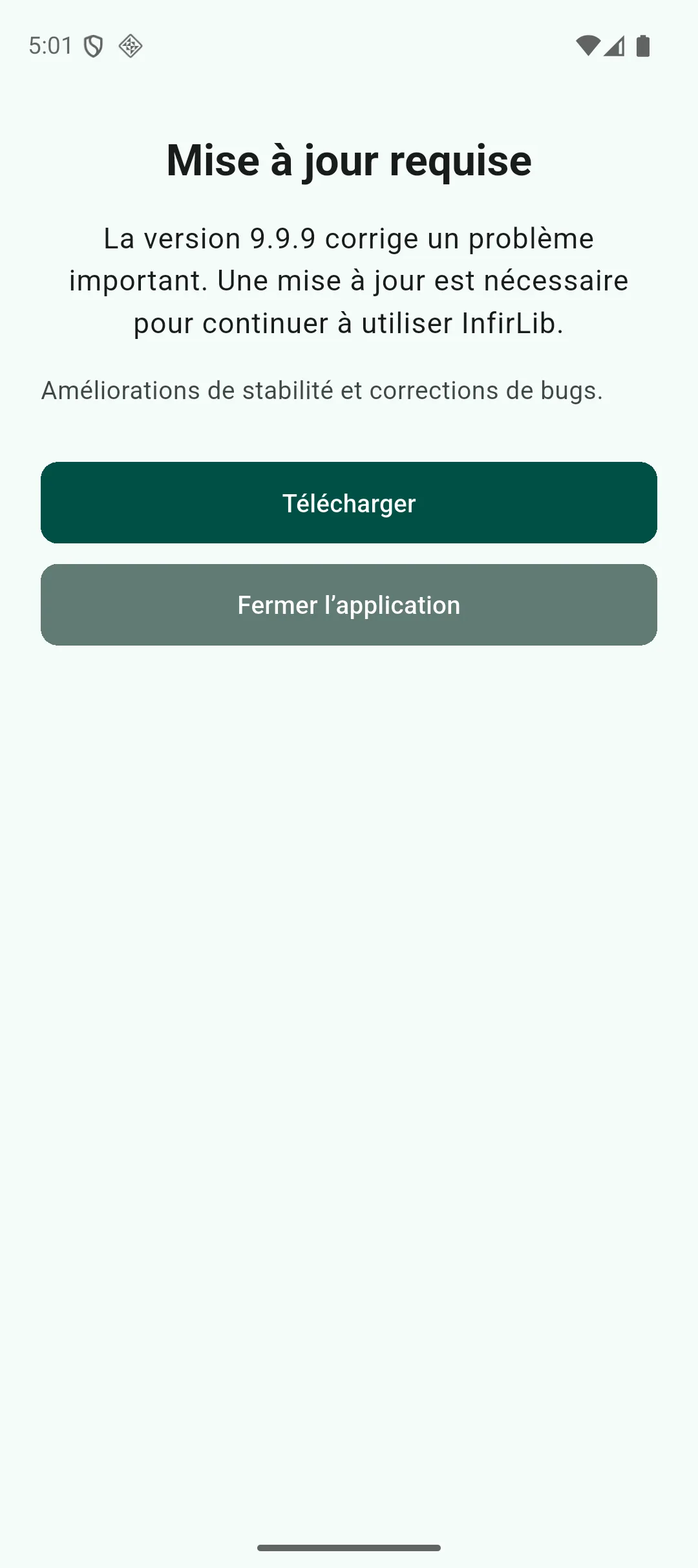 Écran plein écran de mise à jour obligatoire, sans autre choix que de télécharger la nouvelle version ou de fermer l’application