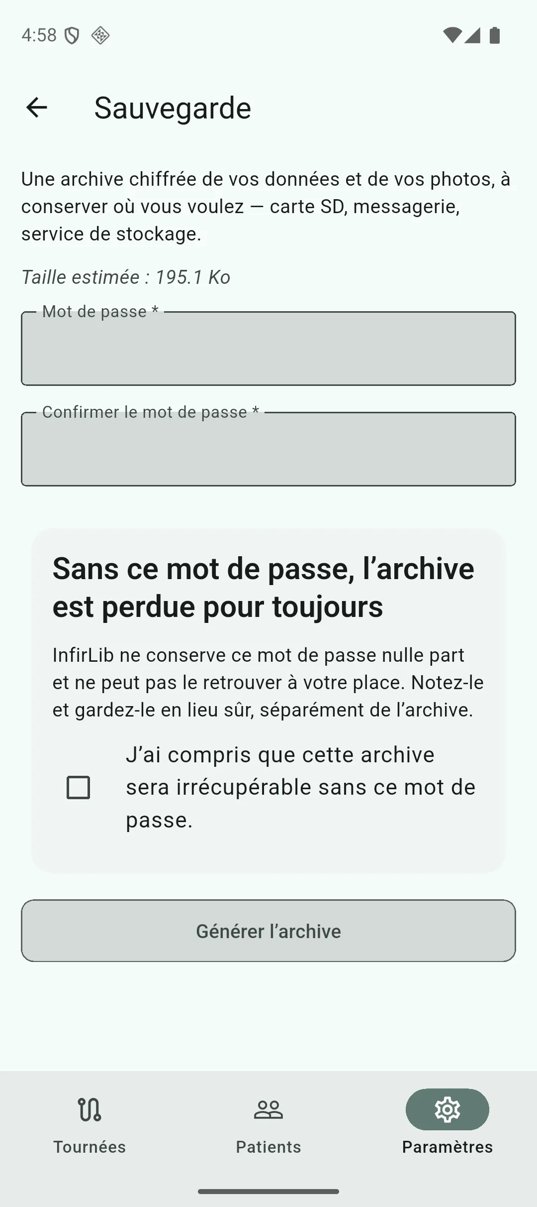 Écran de sauvegarde avec les deux champs de mot de passe et la case d’avertissement à cocher avant de générer l’archive
