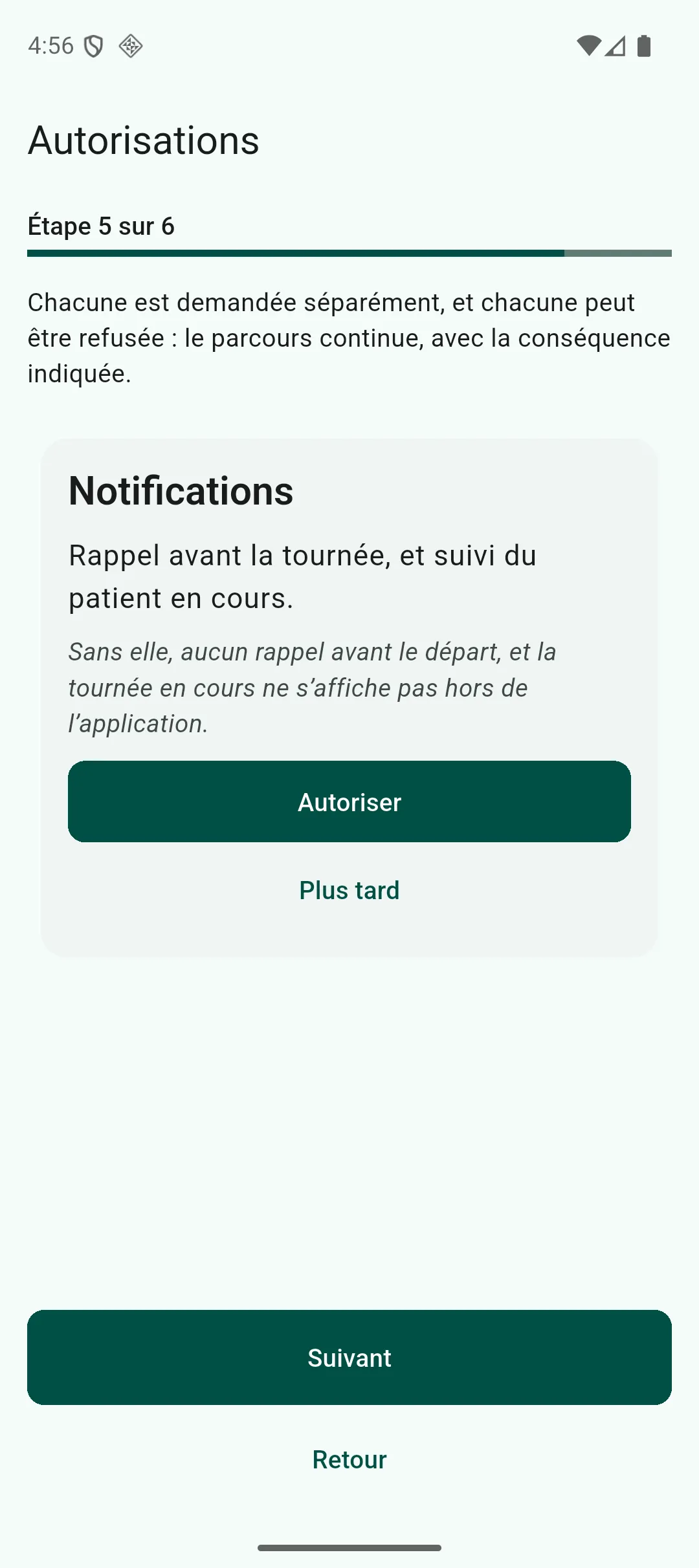 Écran des autorisations, présentant une justification à la fois avec les actions Autoriser et Plus tard