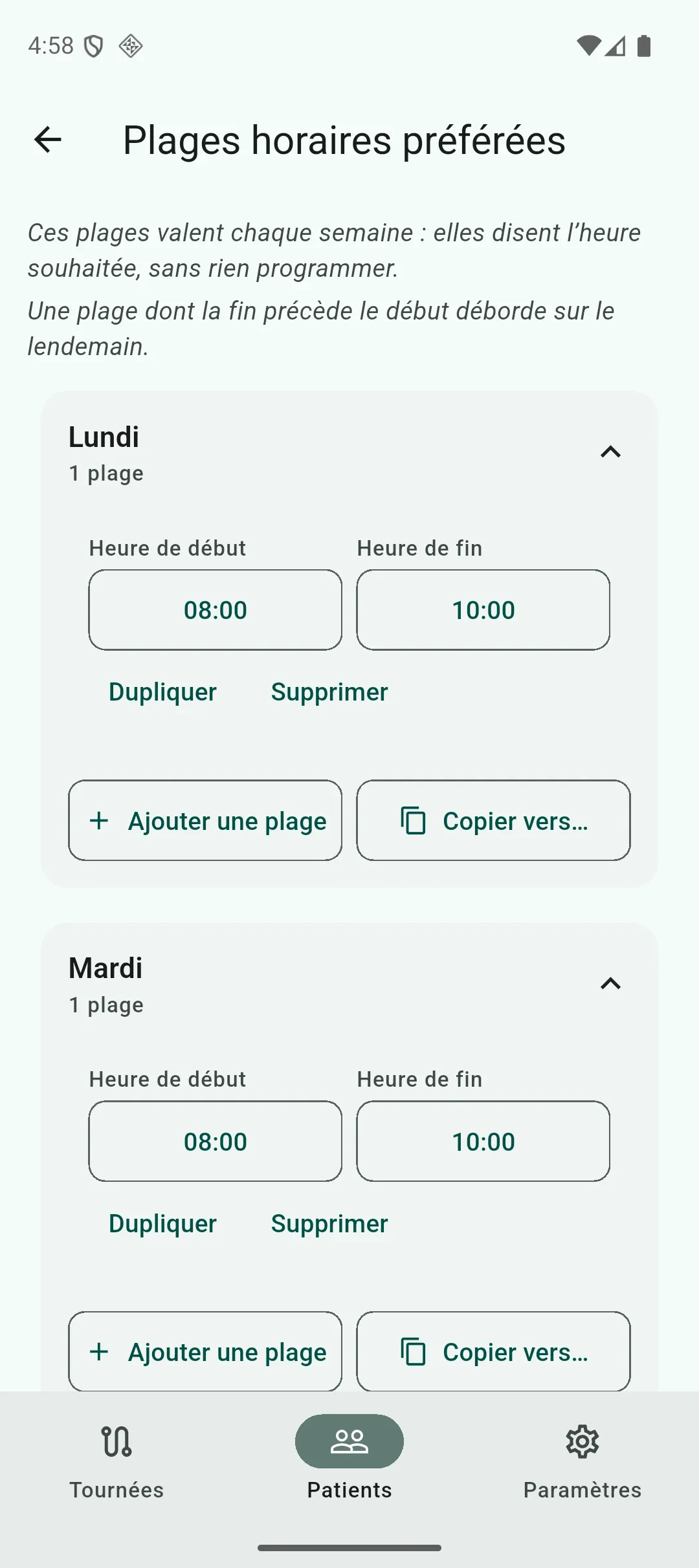 Éditeur des plages horaires préférées, avec les jours de la semaine en sections repliables
