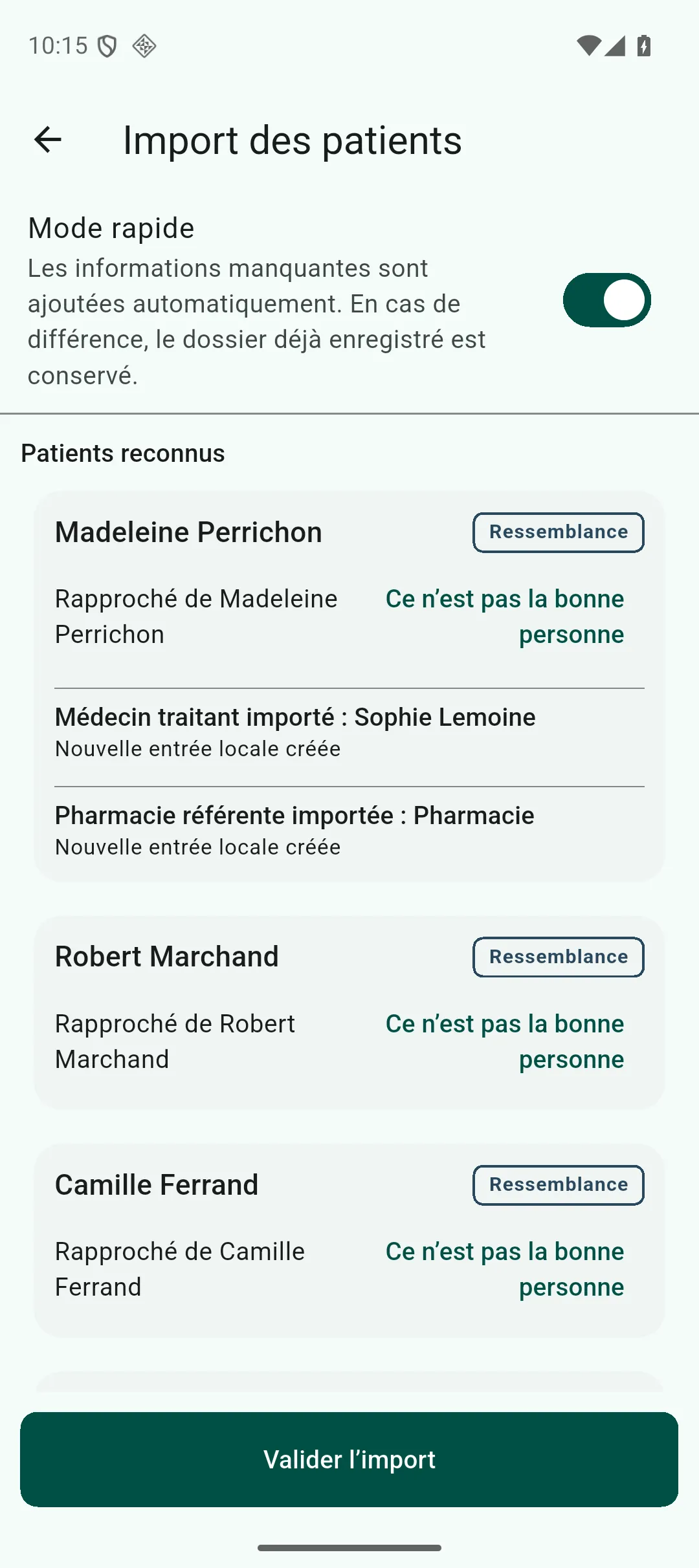 Écran de revue de l’import, avec les patients reconnus et non reconnus, et les actions pour confirmer ou corriger un rapprochement