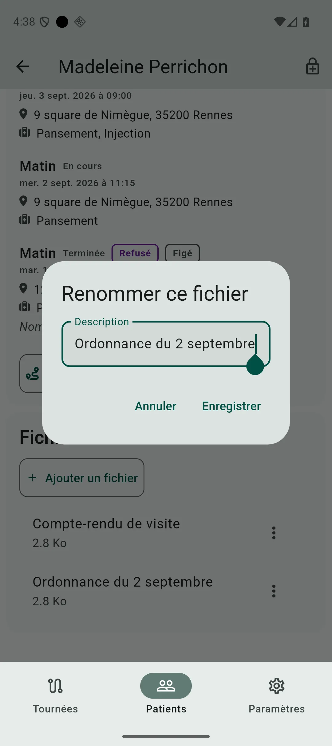 Boîte de renommage d’un fichier patient, avec sa description actuelle pré-remplie et modifiable