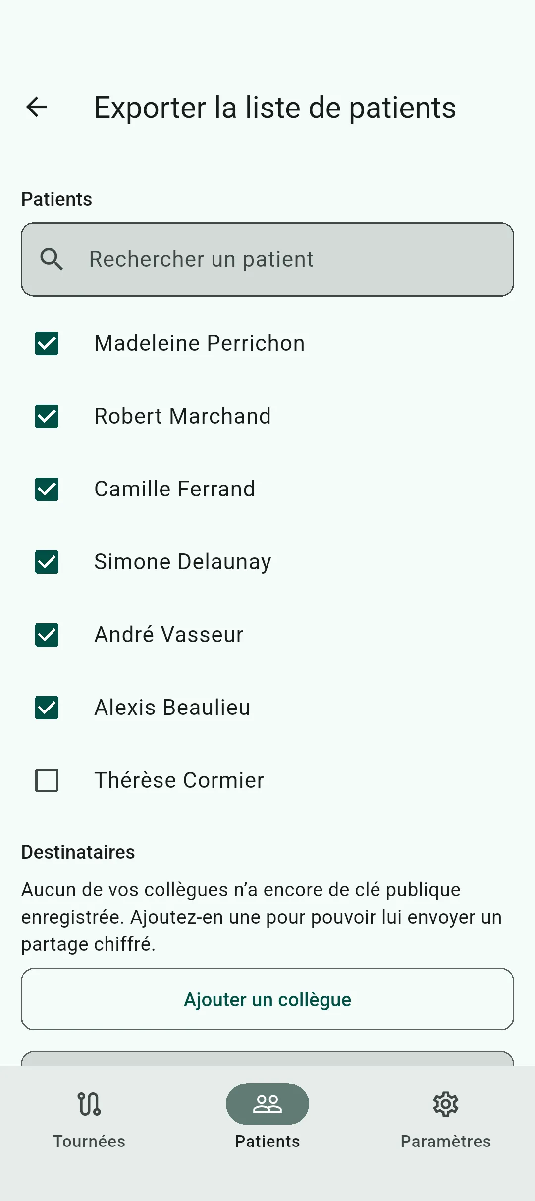 Section « Patients » de l’écran d’export, avec le champ de recherche et un patient décoché parmi les autres restés cochés
