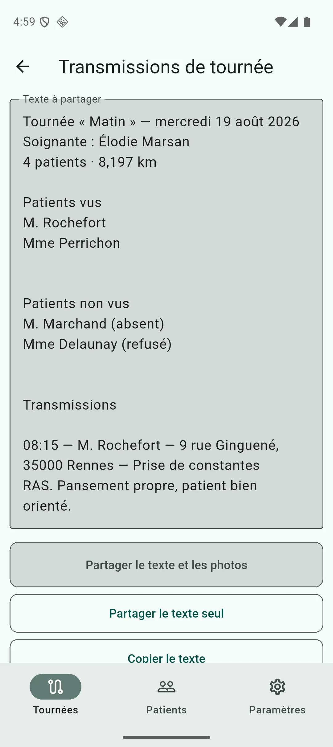 Écran du texte de fin de tournée, modifiable, avec les patients vus, les patients non vus et le détail des transmissions