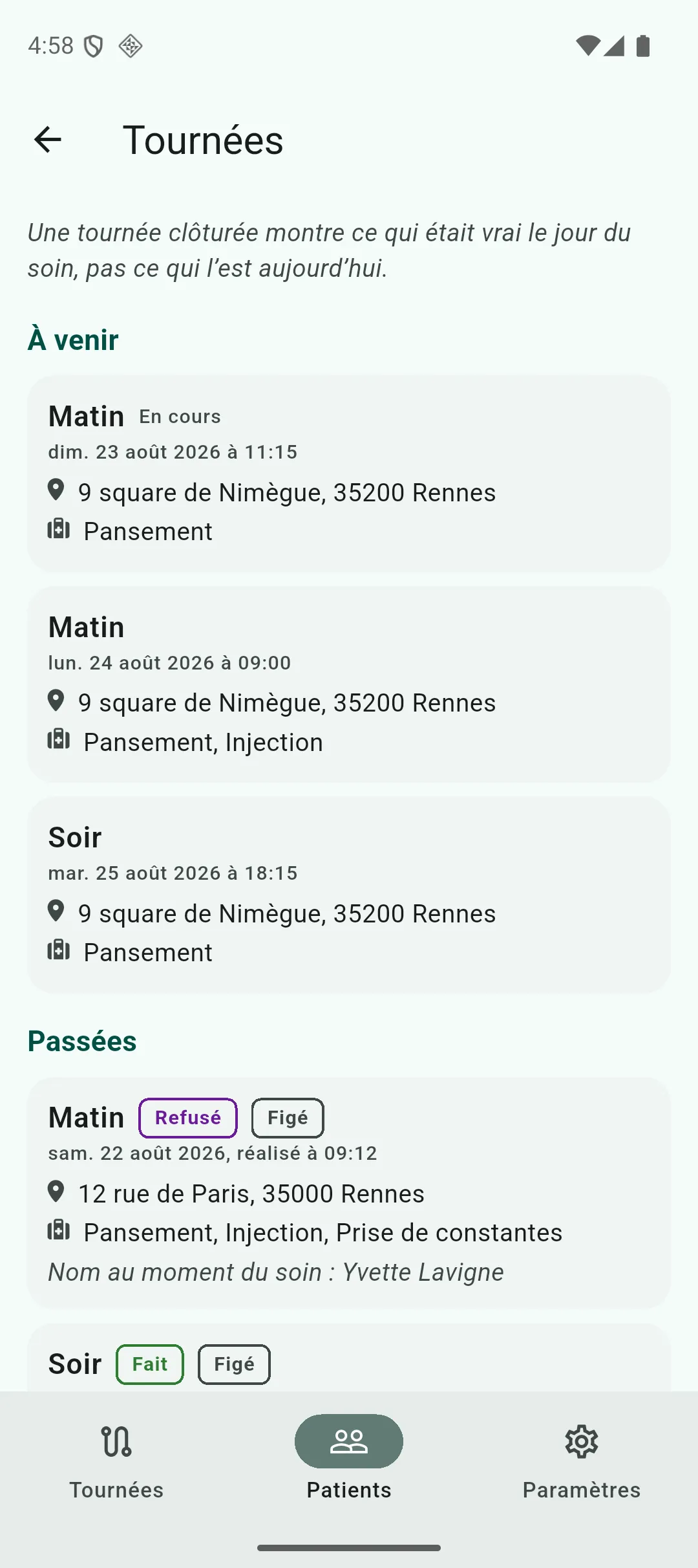 Historique des tournées d’un patient, avec les groupes à venir et passées